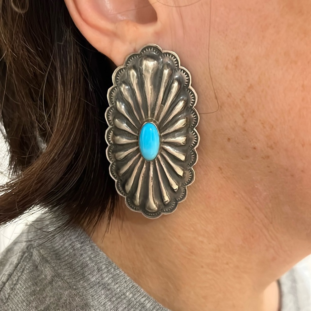 Navajo Handmade Turquoise Concho Earrings - Picture 2 of 8